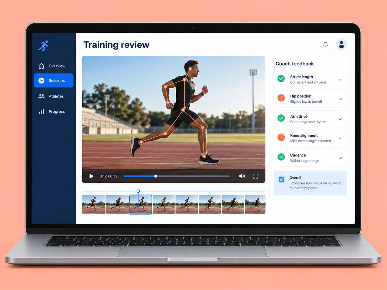 Illustrative athlete coaching dashboard with training video analysis and personalized feedback.