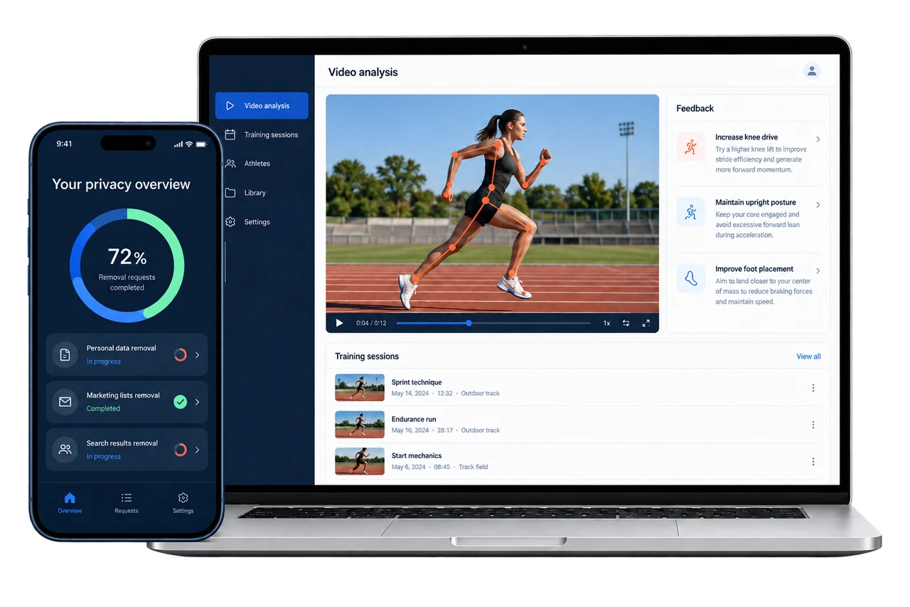 Illustrative privacy mobile app alongside a sports coaching web app on a laptop.