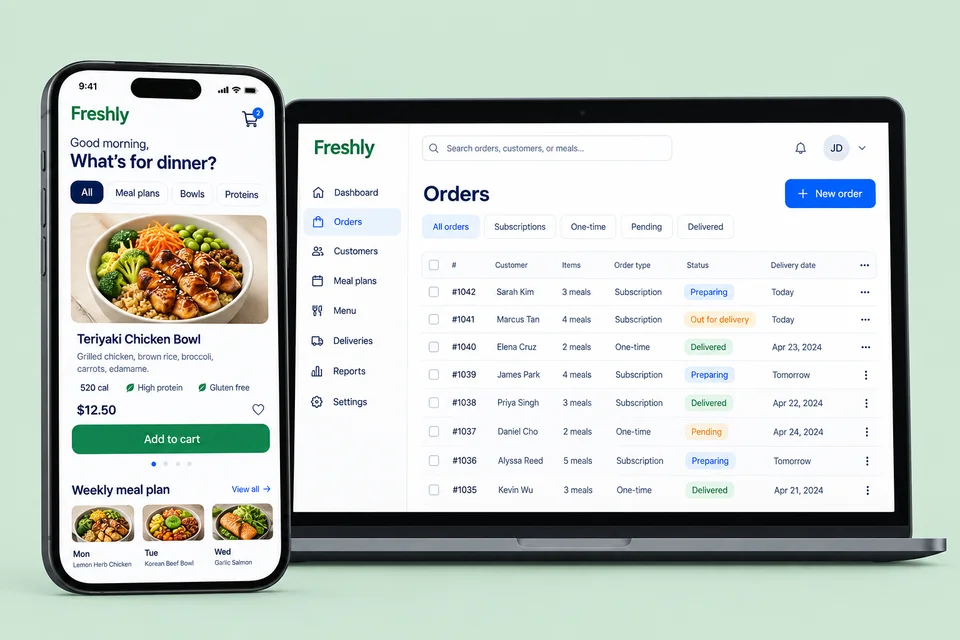 Illustrative mobile and web app preview for Scheduled meal delivery ecosystem