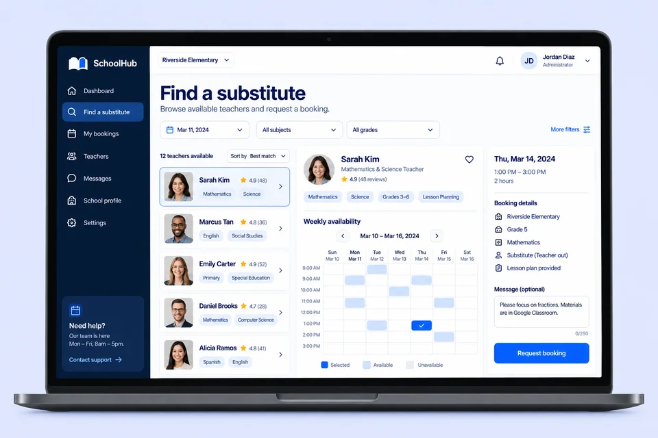 Illustrative web app preview for Substitute teacher booking platform
